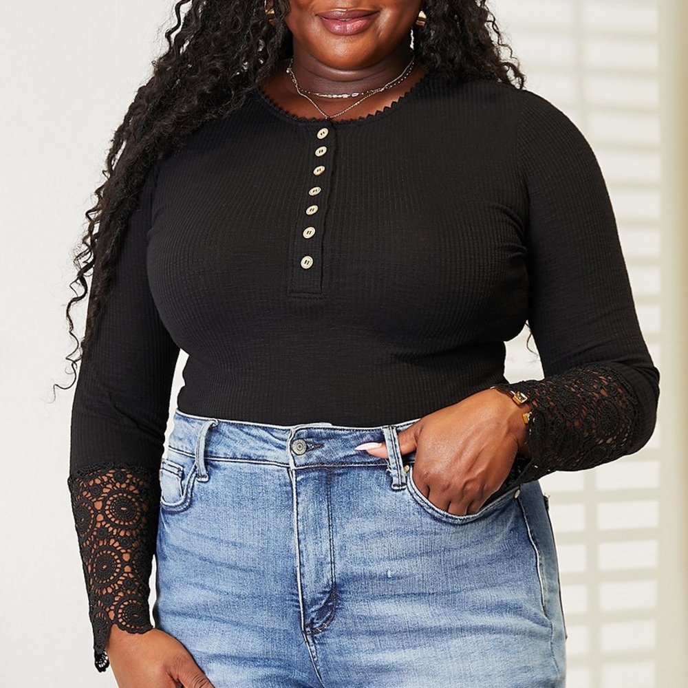 NEW Double Take Plus Size Black Crochet Lace Sleeve Button Up Henley Top